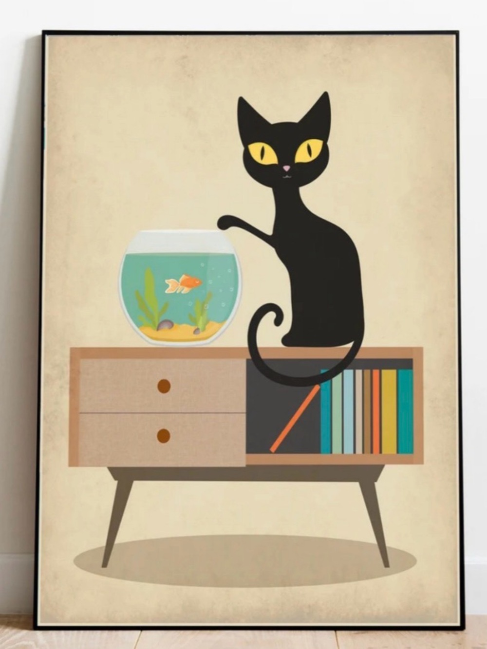 Framed 8x10 Black Cat & Goldfish Wall Art - Yellow, Black, Teal